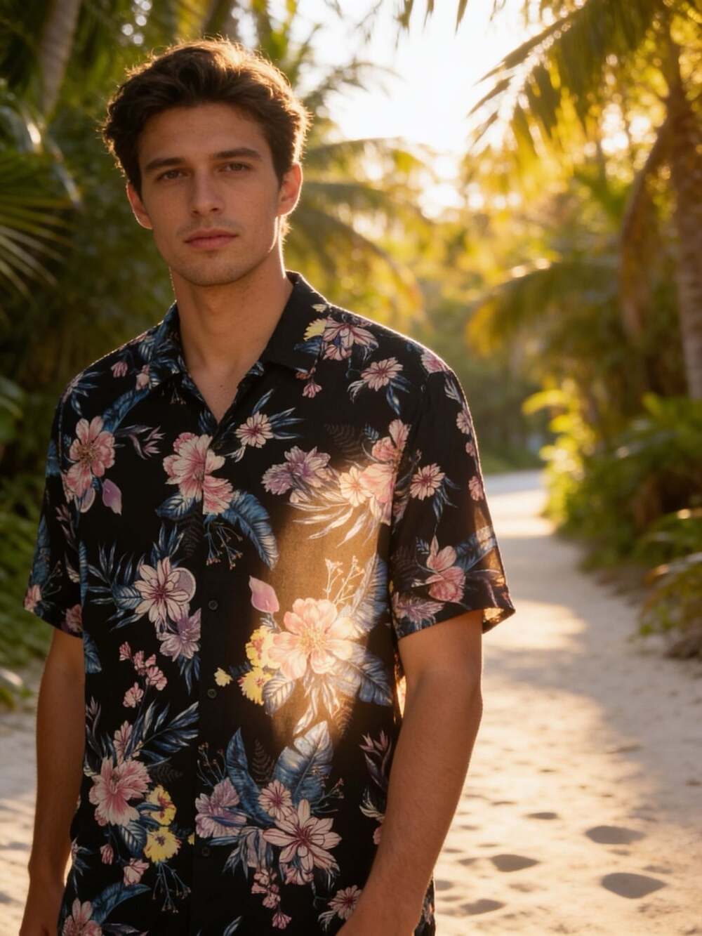 Men's Holiday Shirt - Midnight tropical flowers, Midnight blue-XXL : ,
